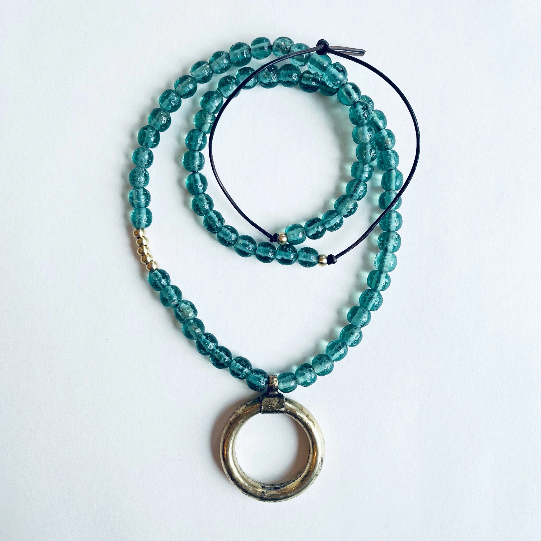 19th Century Brass + Indonesian Glass Necklace | Sea Glass
