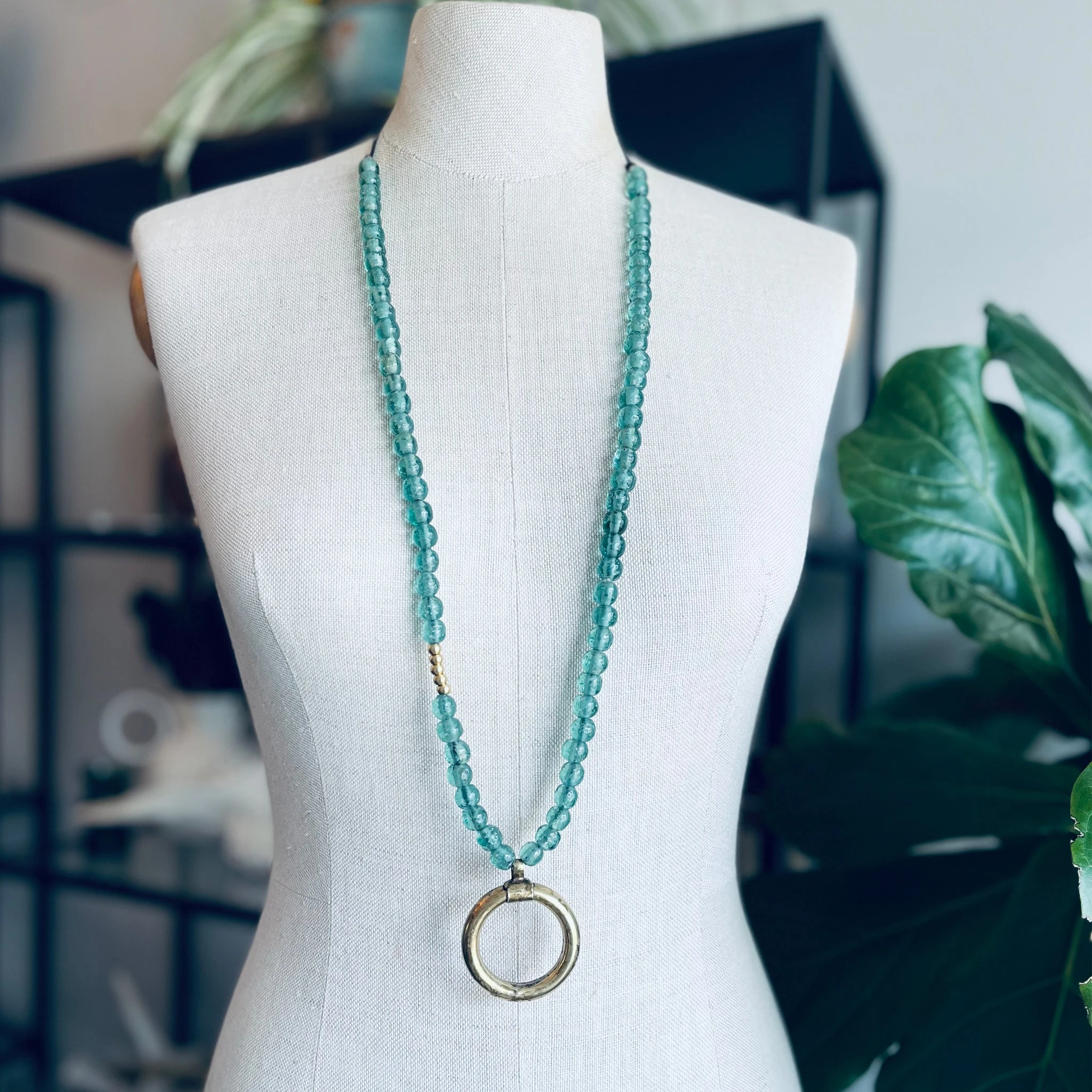 19th Century Brass + Indonesian Glass Necklace | Sea Glass