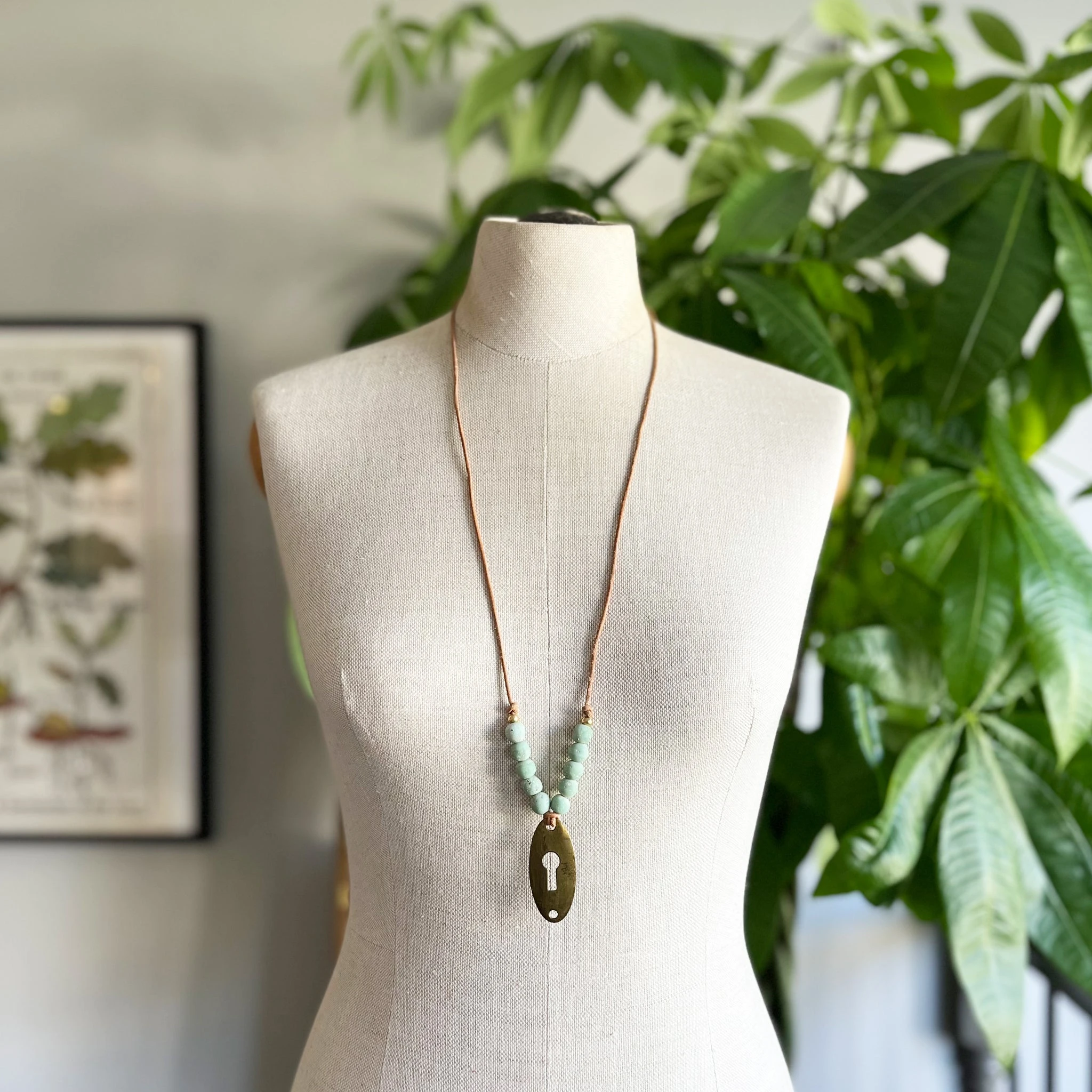 Brass LONG Keyhole Escutcheon Necklace | Blue Indonesian Glass