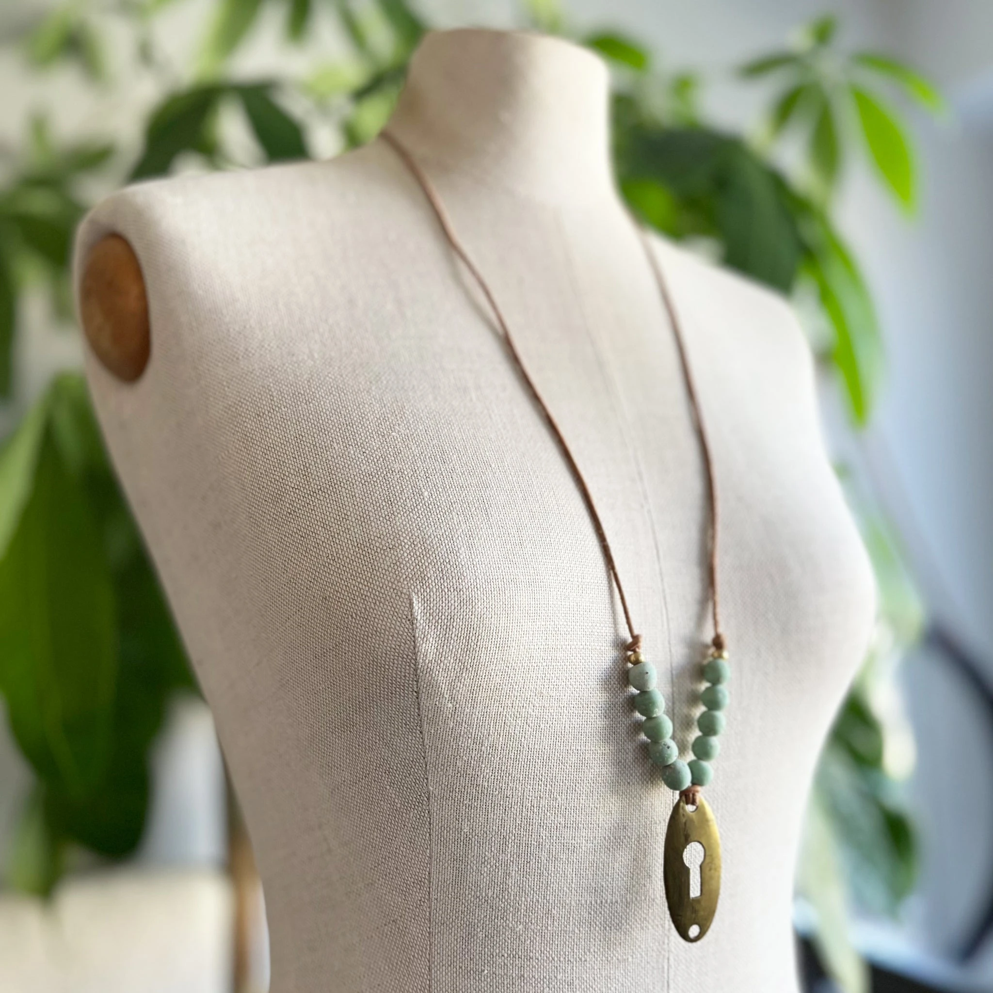 Brass LONG Keyhole Escutcheon Necklace | Blue Indonesian Glass